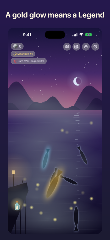 Moonbite screenshot: A gold glow in the dark water means a Legend is near
